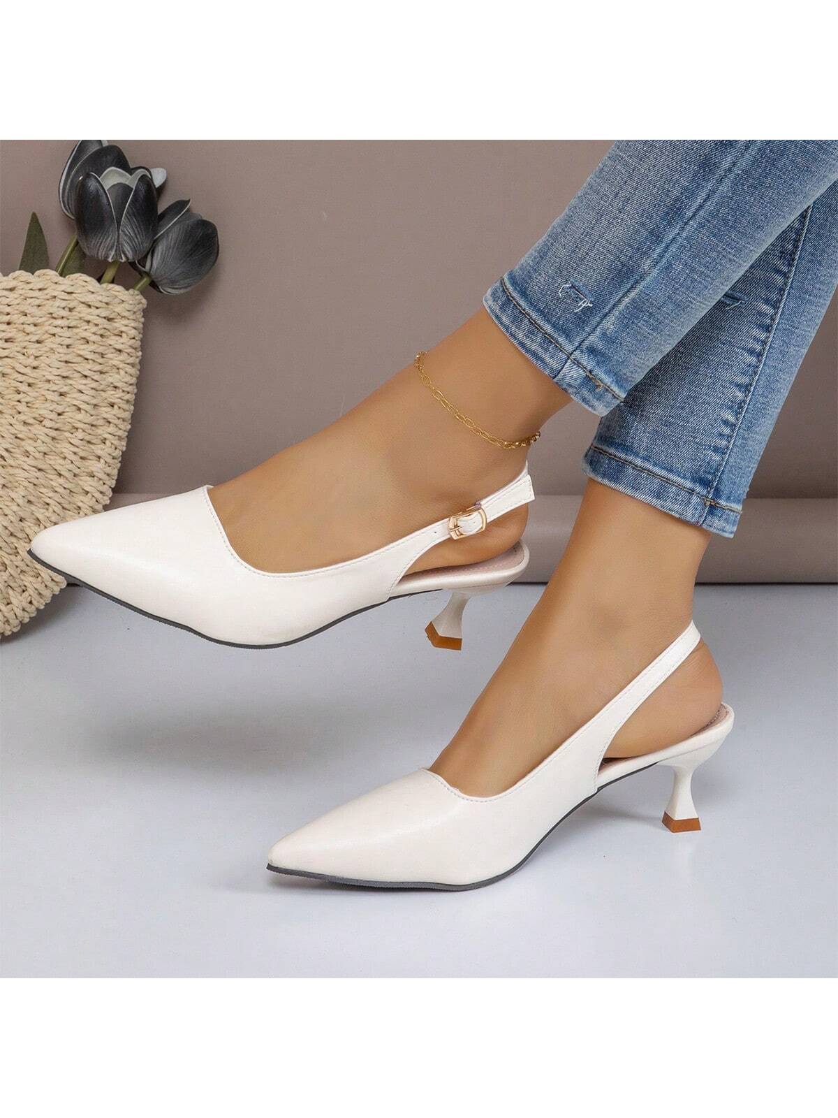 Women's Pointed Shallow Mouth Work Shoes With Thin Heels And Hollow Design, One Belt Buckle, Beige For Spring And Summer