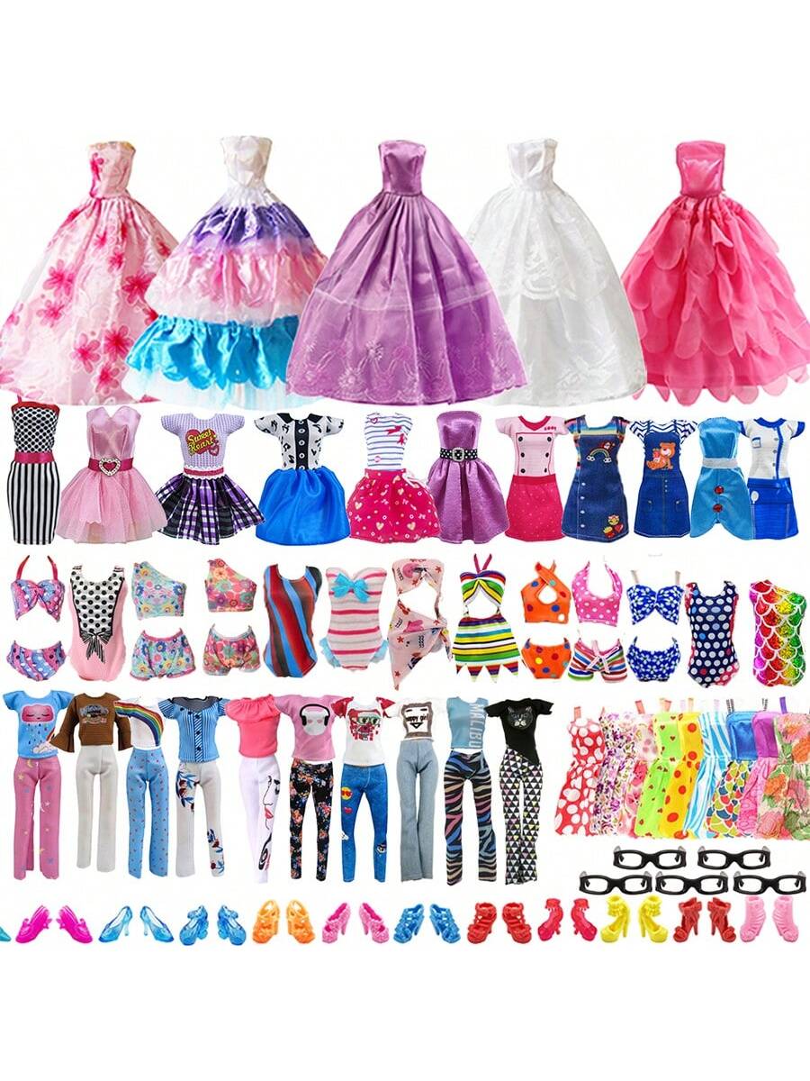 31pcs Doll Clothes And Accessories, 5pcs Fashionable Dresses, 3pcs Formal Dresses, 3pcs Bikinis, 5pcs Daily Outfits, 10 Pairs Of Shoes, 5 Pairs Of Glasses, Suitable For 11.5 Inches Dolls