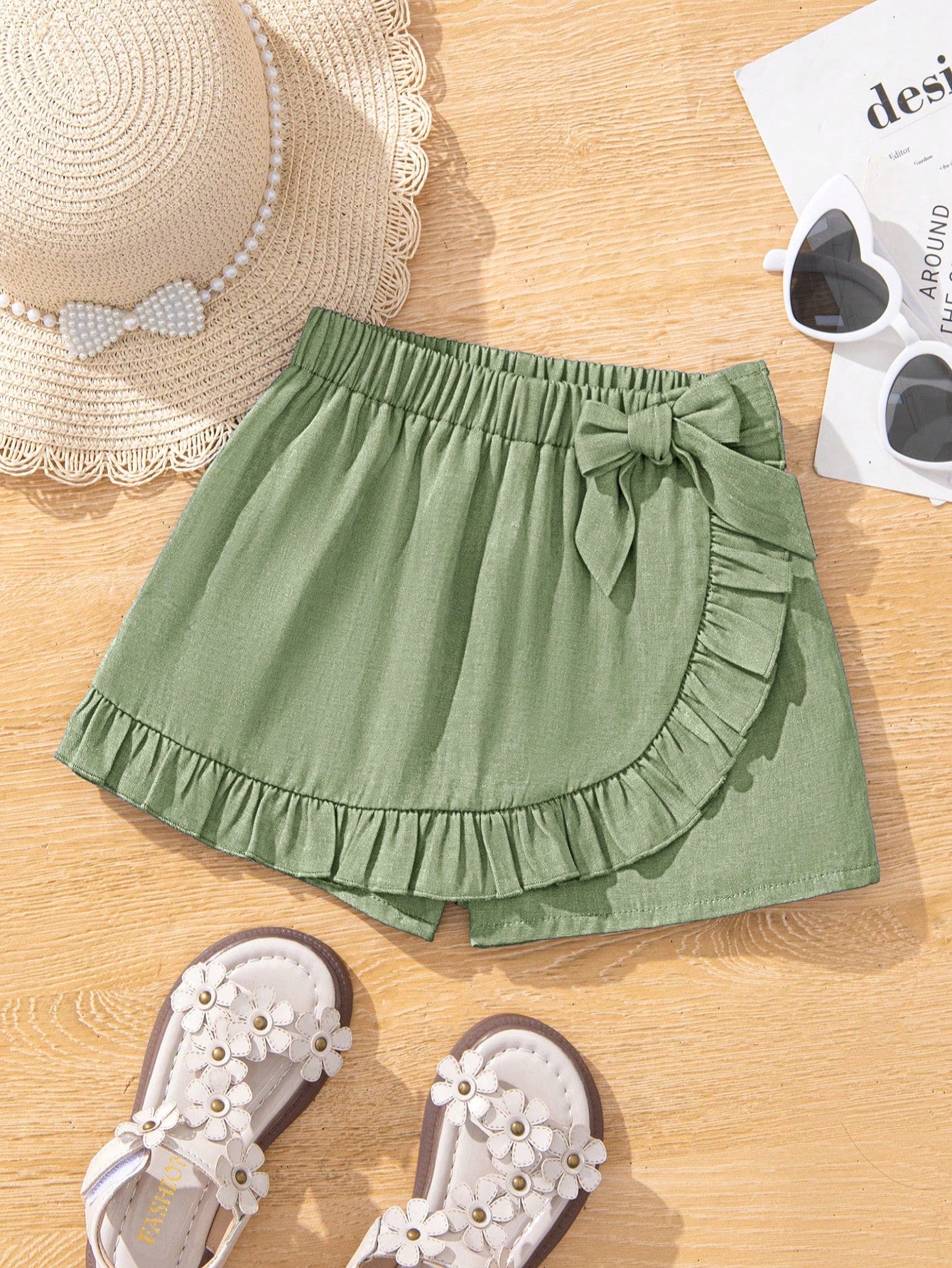 Young Girl's Daily Casual Solid Woven Loose Skorts With Bow Decoration