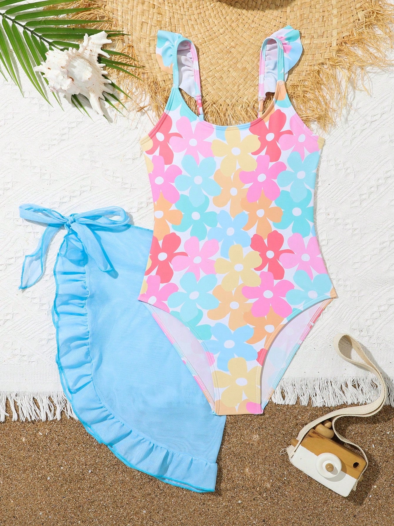 Tween Girl One-Piece Swimwear, Cute Floral Printed Swimsuit With Ruffled Skirt