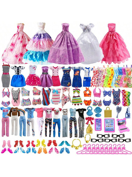 53 Random Doll Clothes And Accessories (5 Random Fashion Skirts + 3 Random Evening Dresses + 3 Random Bikinis + 5 Random Tops And Pants + 10 Random Pairs Of Shoes + 5 Pairs Of Glasses, 10 Hangers, 12 11.5-Inch Doll Computer Cosmetic Bags