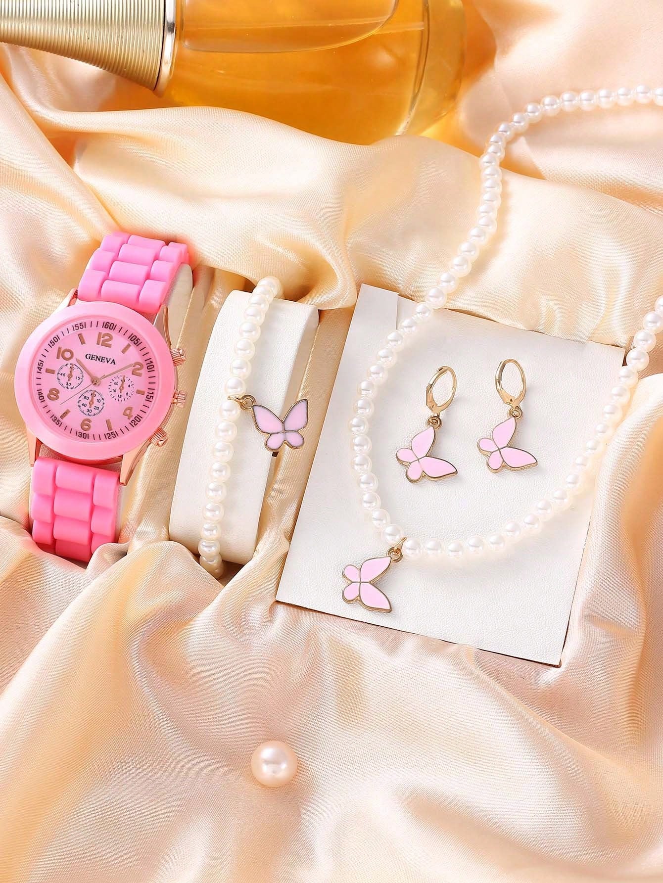 5pcs Lovely Silica Gel Quartz Girls Watch And Necklace Bracelet Earrings Jewelry Set For Girls Gifts