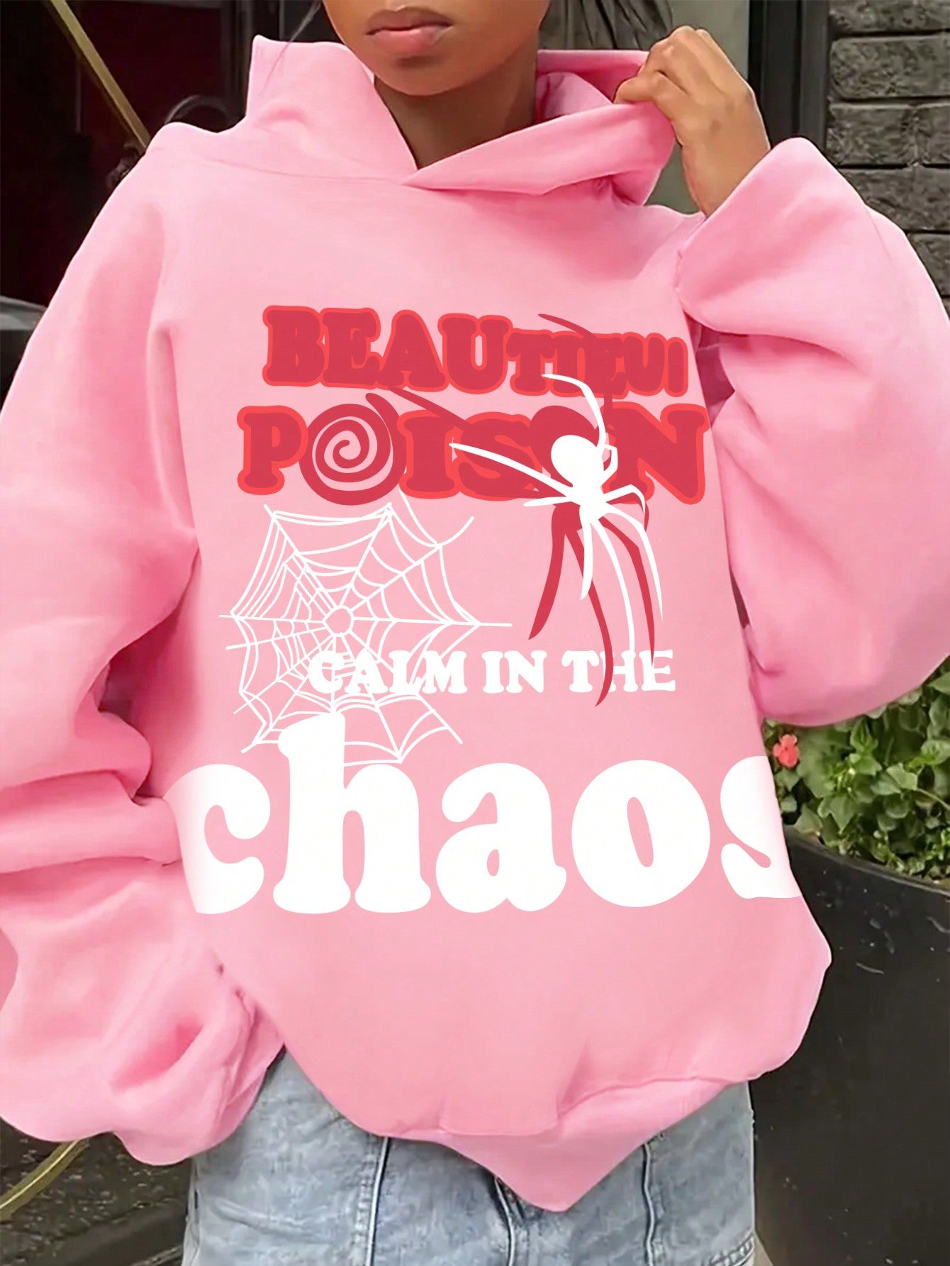 Letter & Spider Print Hooded Drop Shoulder Sweatshirt BEAUTIFUL POISON  CALM IN THE Chaos