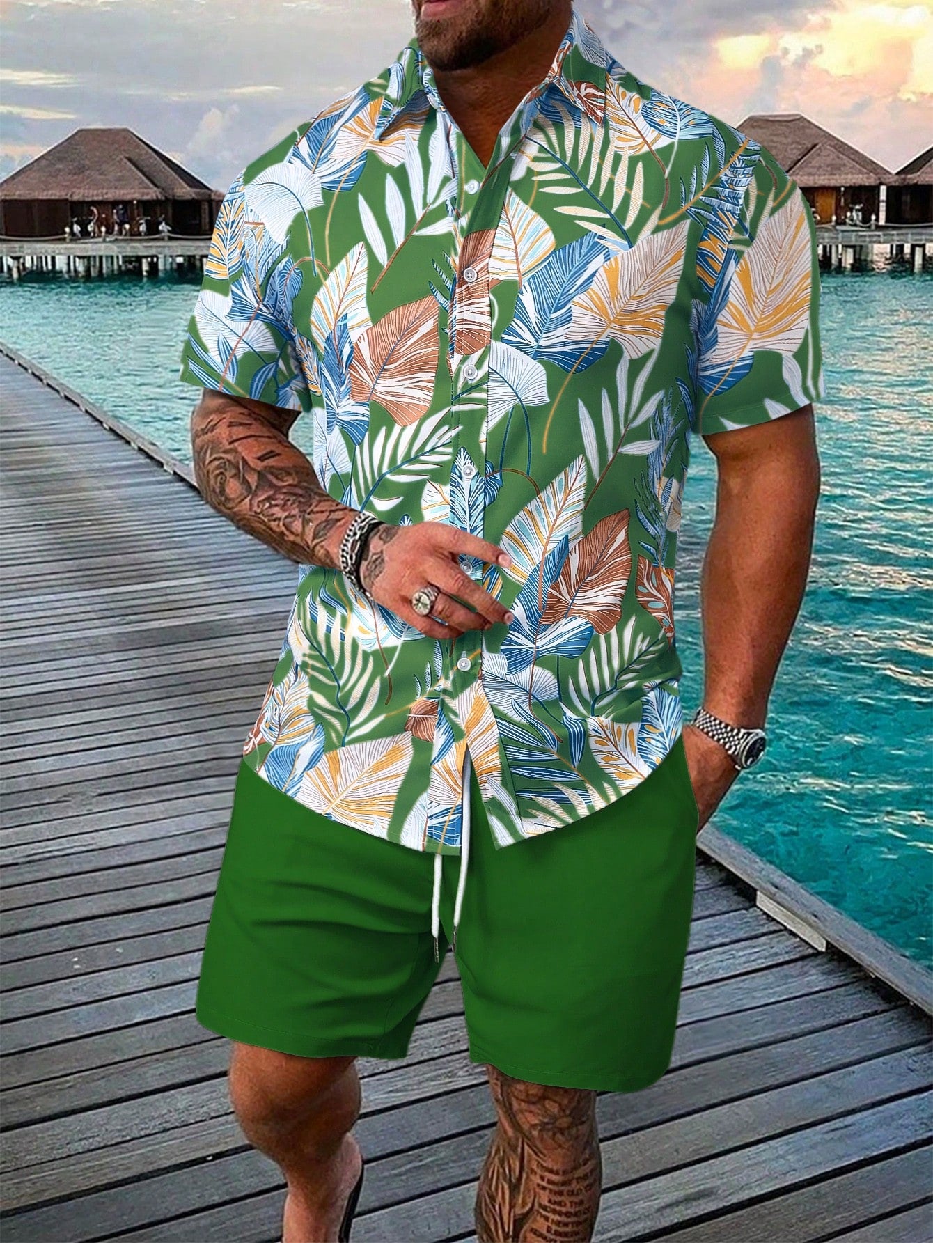 Men's Tropical Plant Print Short Sleeve Shirt And Shorts Set