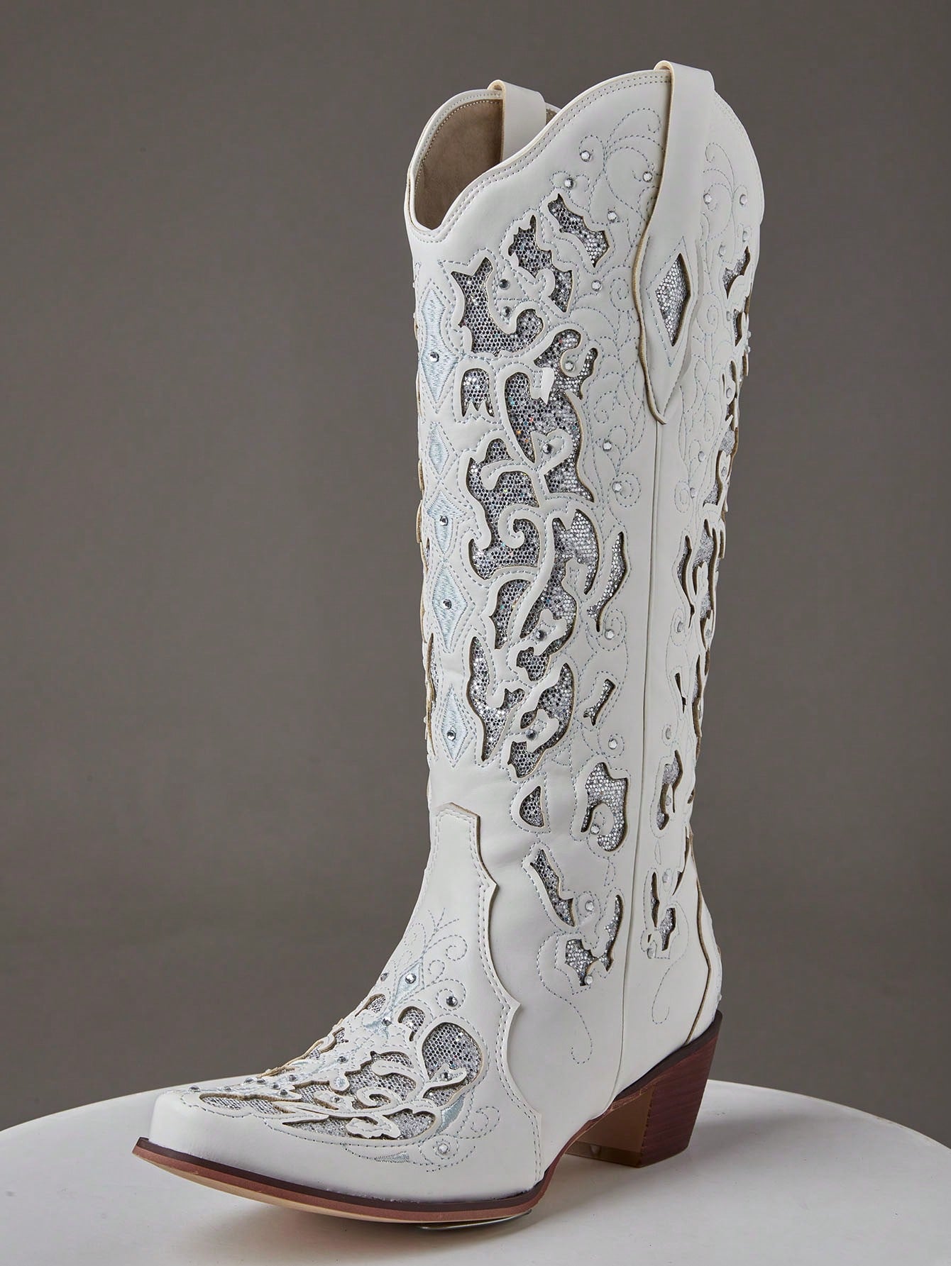 Women's Rhinestone Western Victorian Cowboy Boots Chunky Heel Pull On Pointed Toe Vintage Embroider Cowgirl Shoes