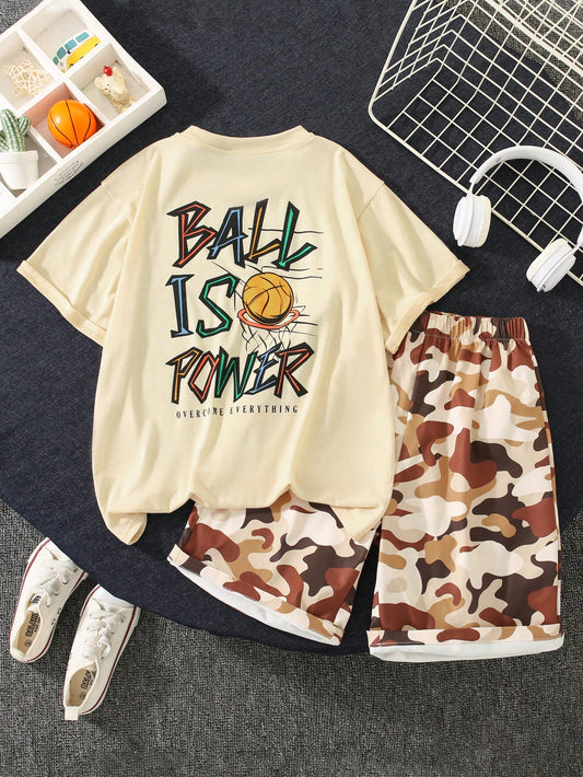 2pcs/Set Tween Boys' Casual Street Style Letter & Basketball Print Crewneck Short Sleeve Knit T-Shirt And Camouflage Woven Shorts Outfits