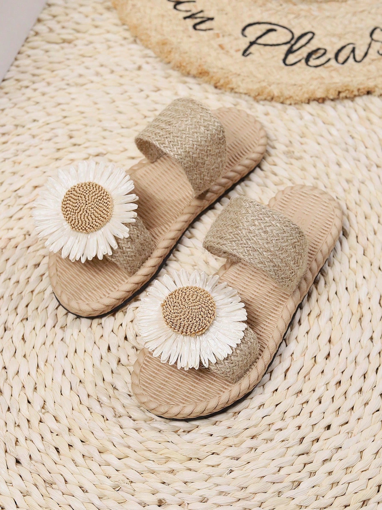 Teenagers' New Summer Daisy Design Woven Rope Simple Wear Resistant Flat Sandals, Outdoor Beach Holiday Shoes