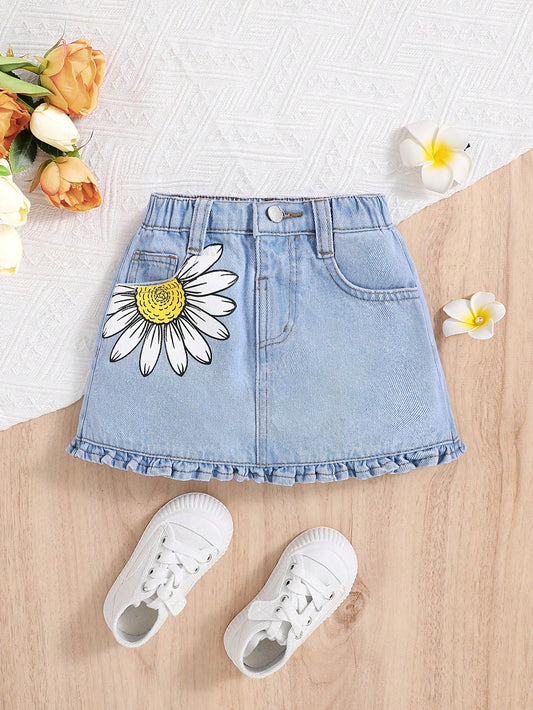 Young Girl Floral Print Ruffle Hem Denim Skirt