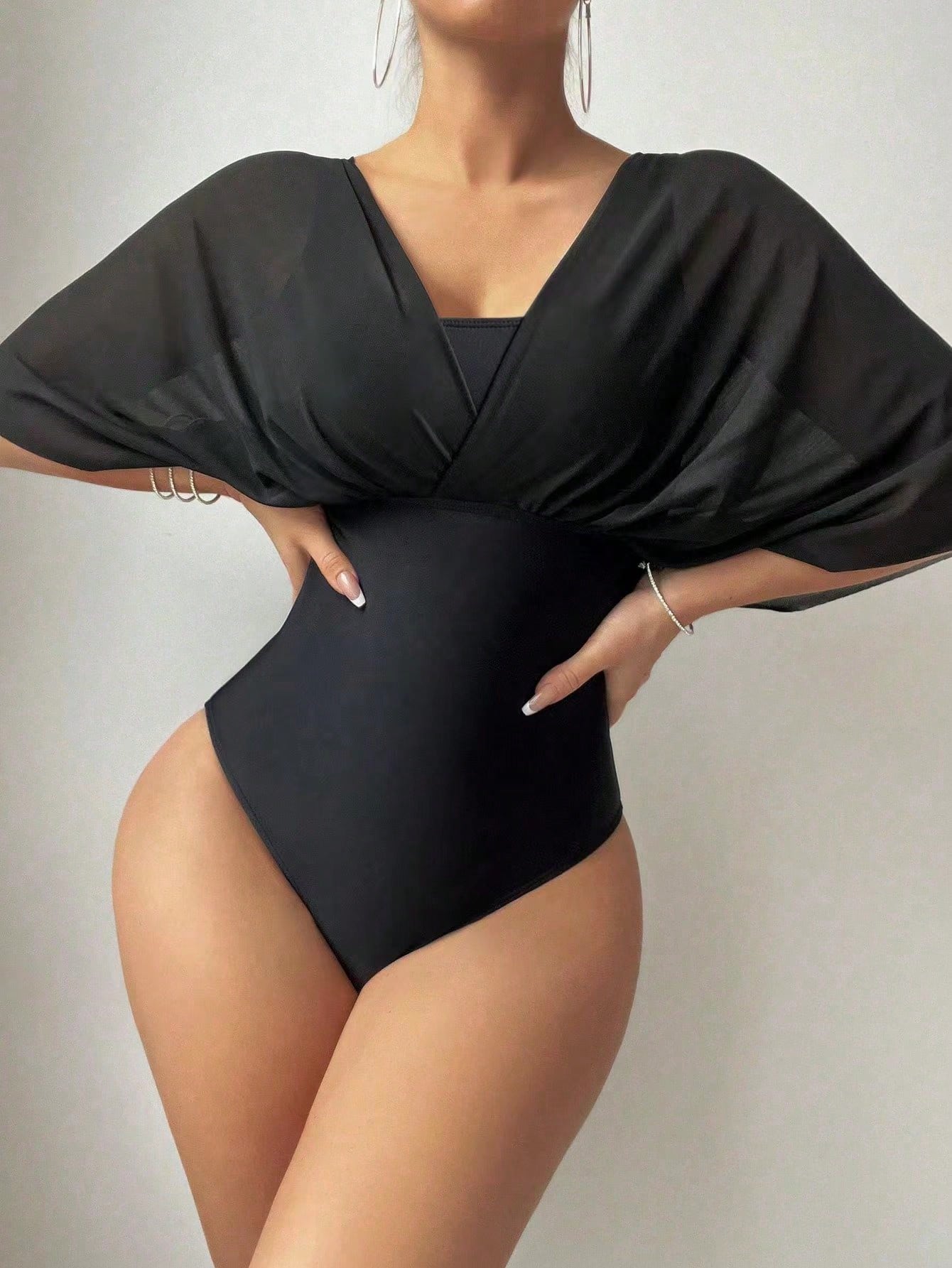 Swim Summer Beach Solid Color One Piece Swimsuit With Batwing Sleeves Carnival