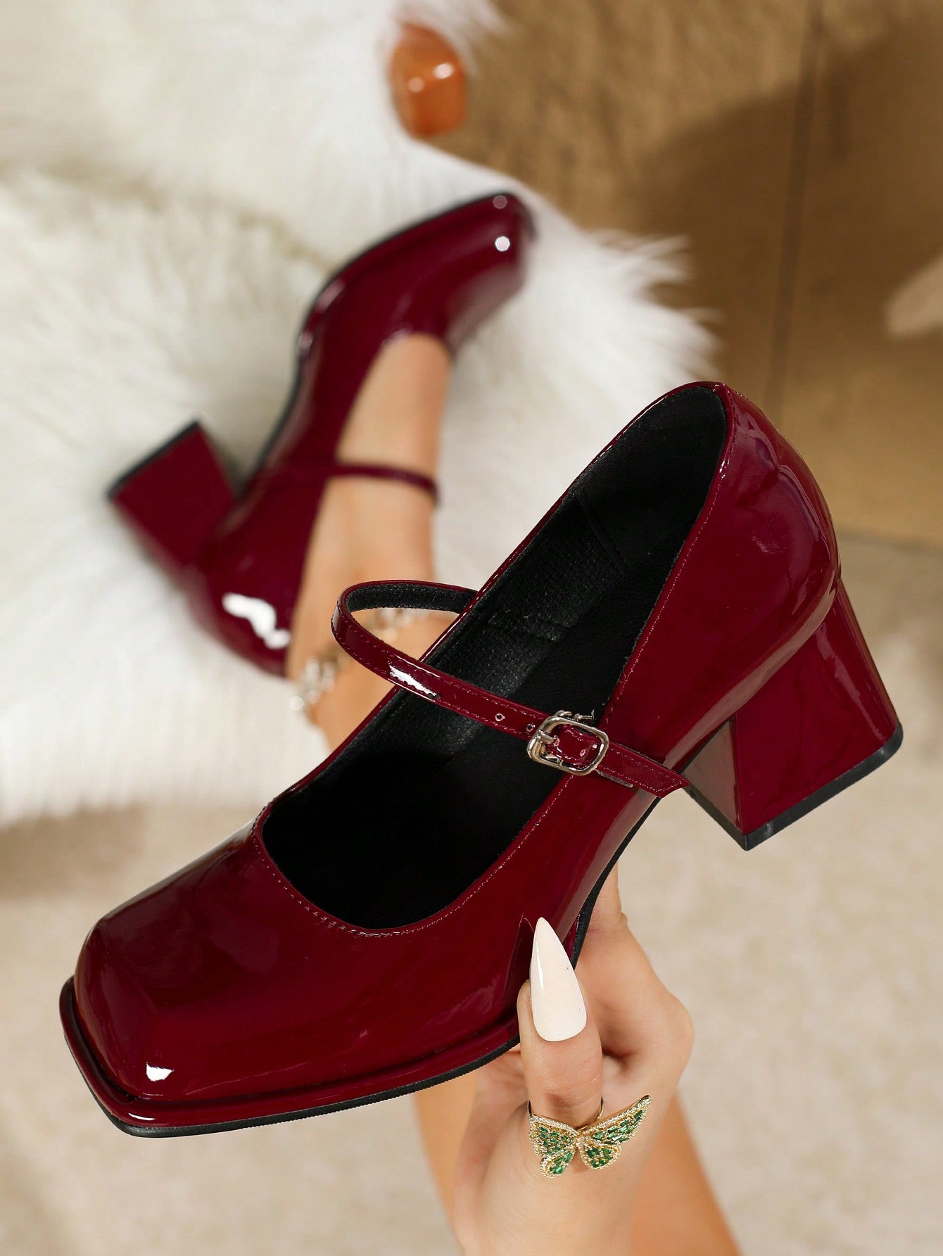 Women's Small Size Chunky Heeled Mary Jane Shoes, Round Toe Red/Burgundy Leather Pumps