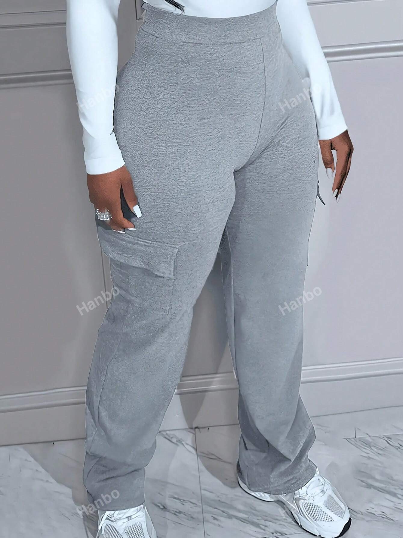 Plus Size Solid Color Pants With Flap Pocket