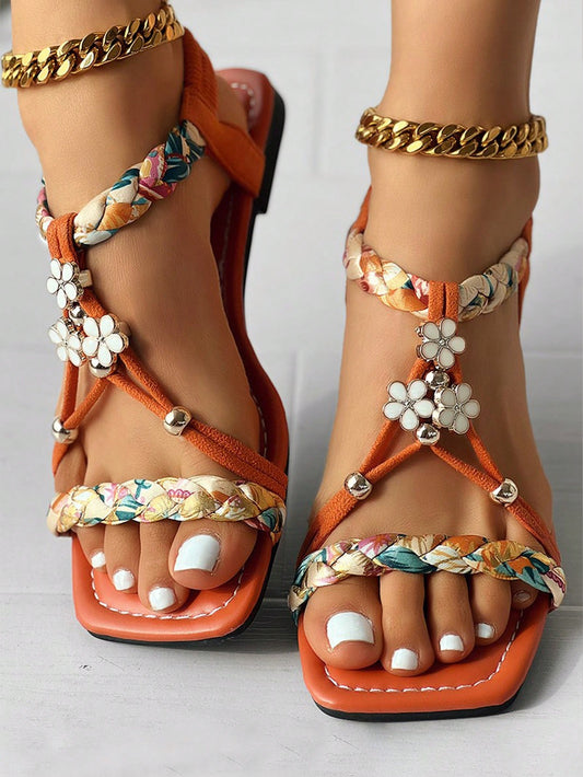 Women's Beaded Roman Bohemian Style Orange Flat Sandals For Beach Holiday