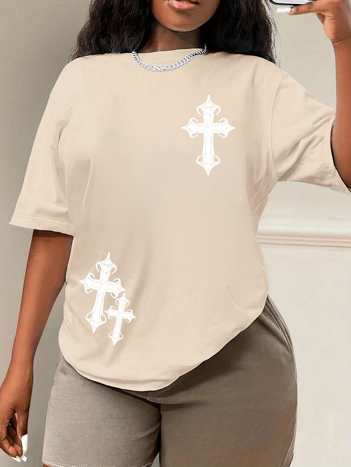 Plus Size Cross Print Round Neck T-Shirt