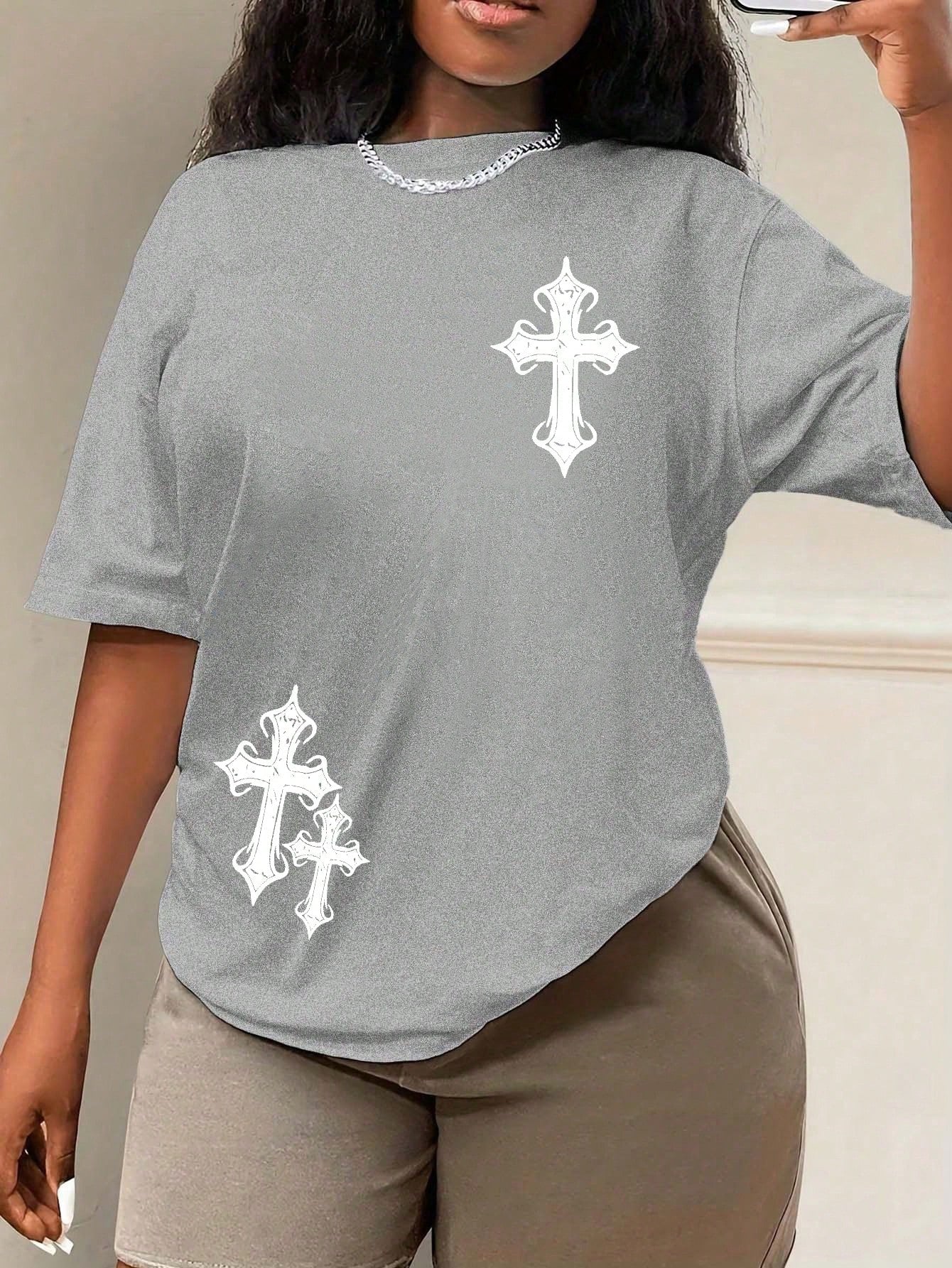 Plus Size Cross Print Round Neck T-Shirt