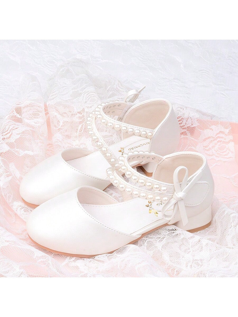 Children's Princess Shoes For Girls, Spring/Summer White/Pink Shoes With High Heels And Pearls For Big Kids