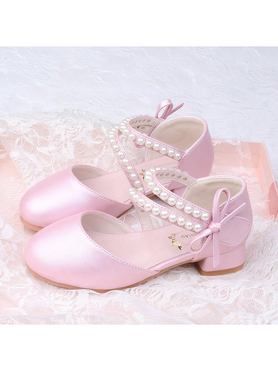 Children's Princess Shoes For Girls, Spring/Summer White/Pink Shoes With High Heels And Pearls For Big Kids