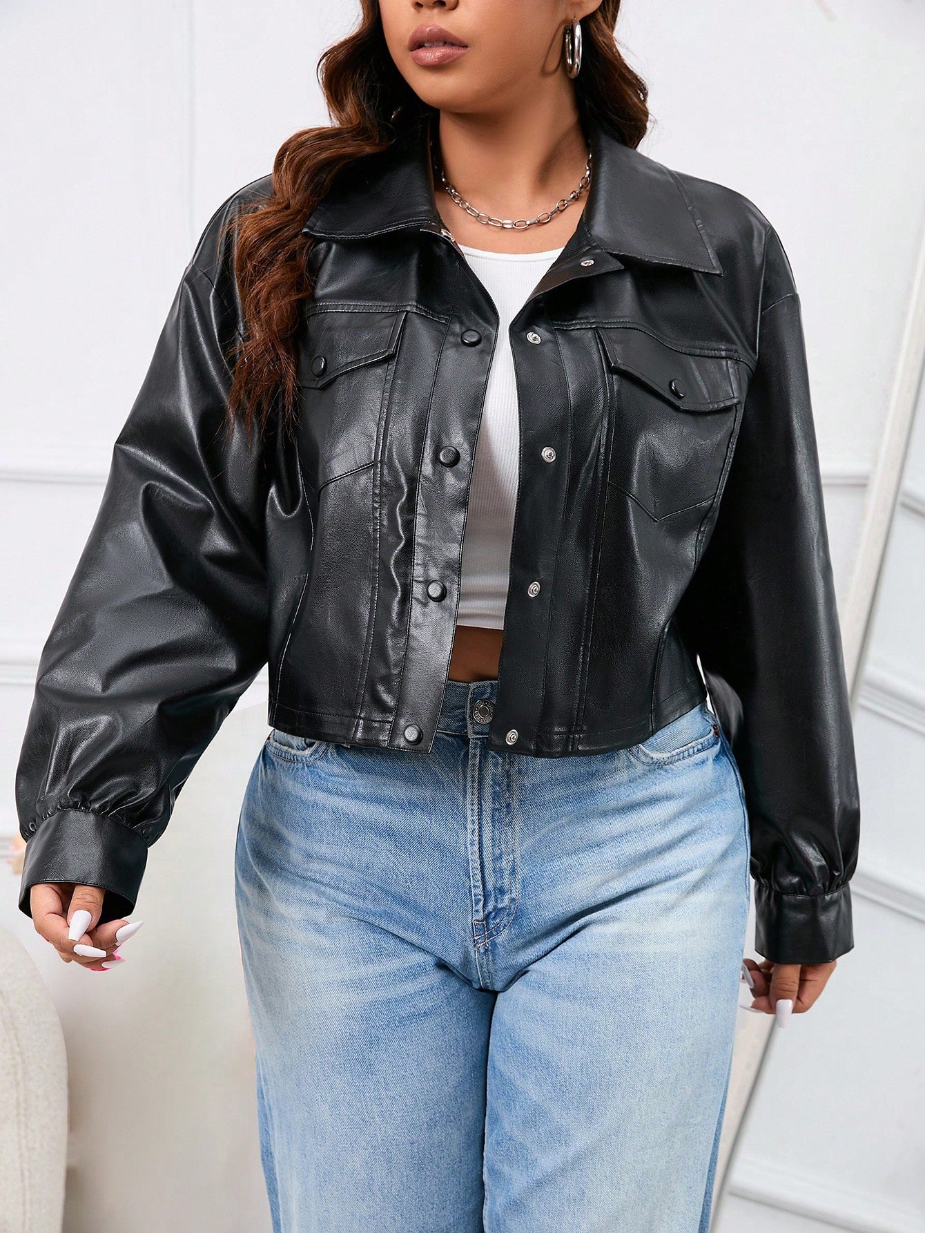 Plus Flap Pocket Drop Shoulder PU Leather Jacket