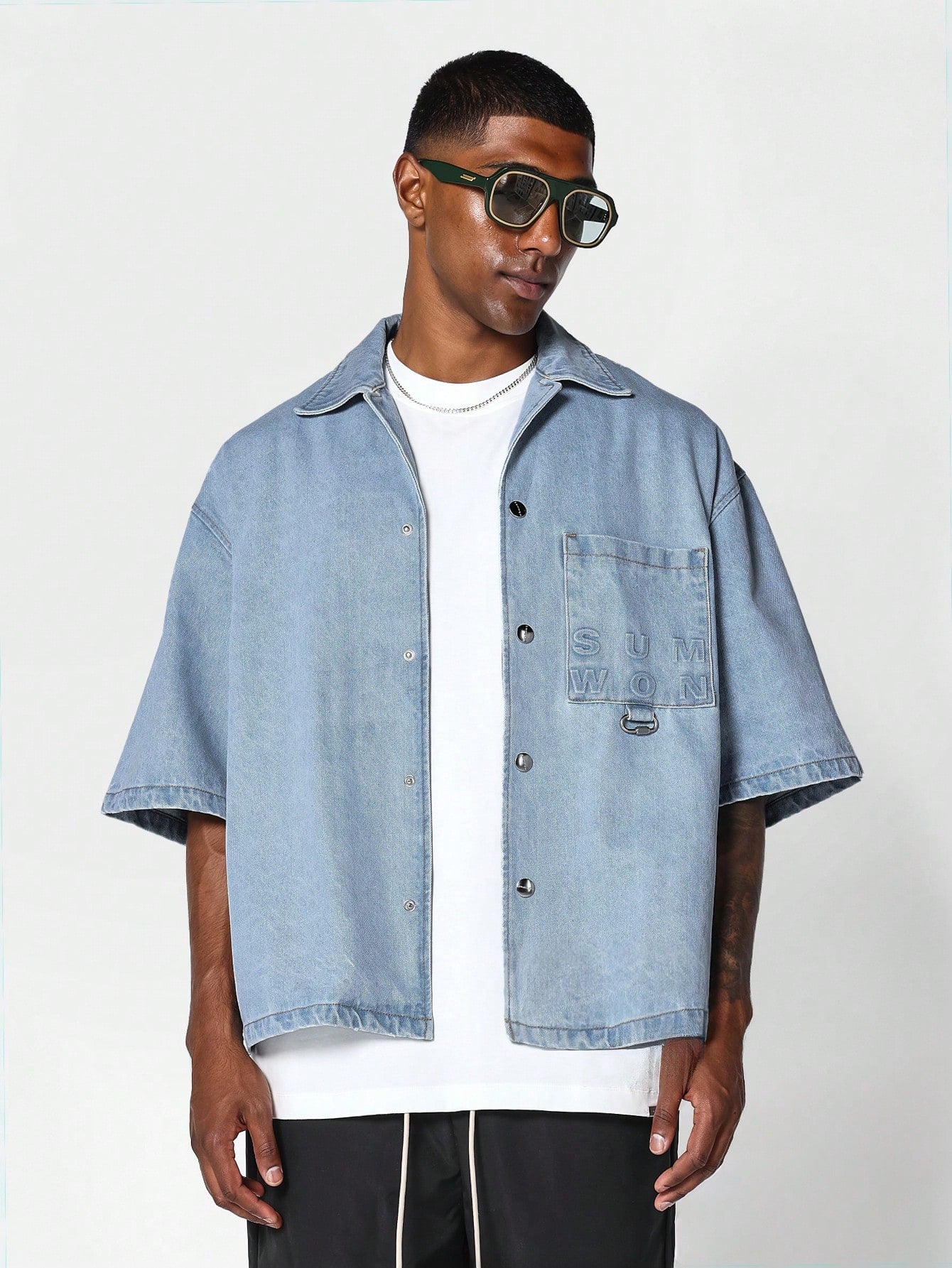 Boxy Fit Revere Collar Denim Shirt