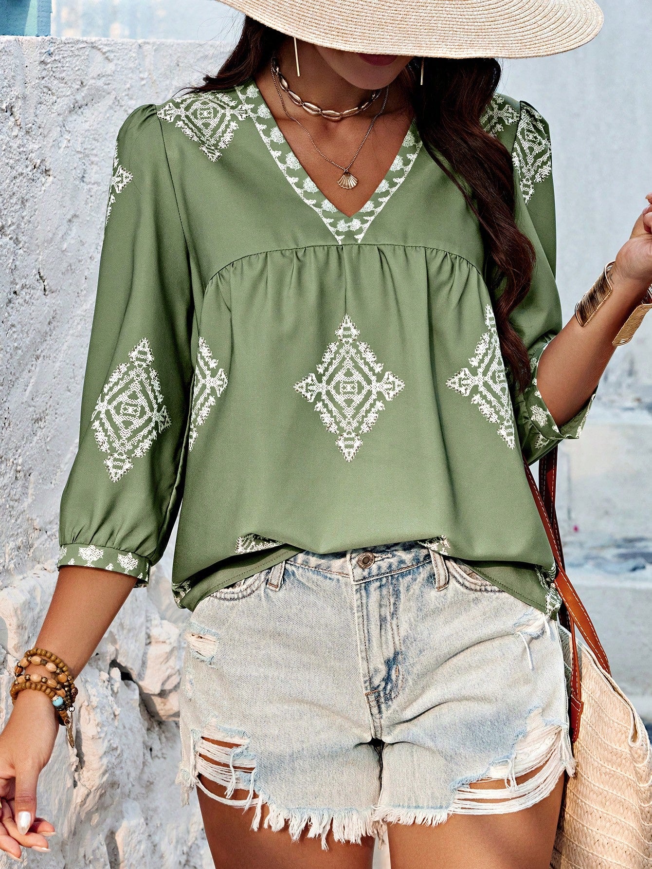 Loose Fit V-Neck Shirt With Printed Pattern