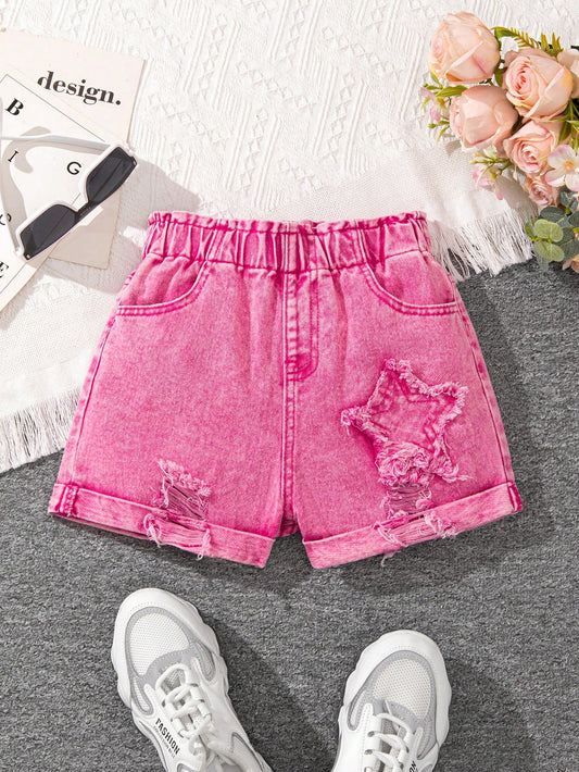 Tween Girl Washed Casual Fashionable Star Pattern Denim Shorts