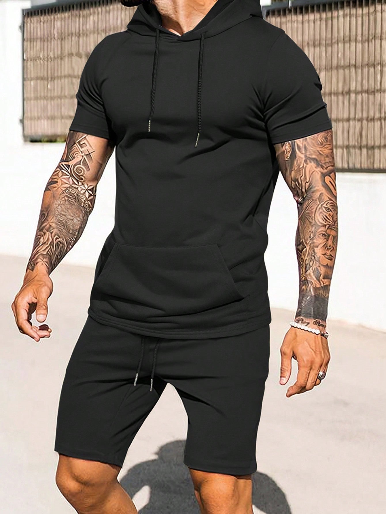 Men Summer Daily Wear Plain Hoodie And Shorts Set