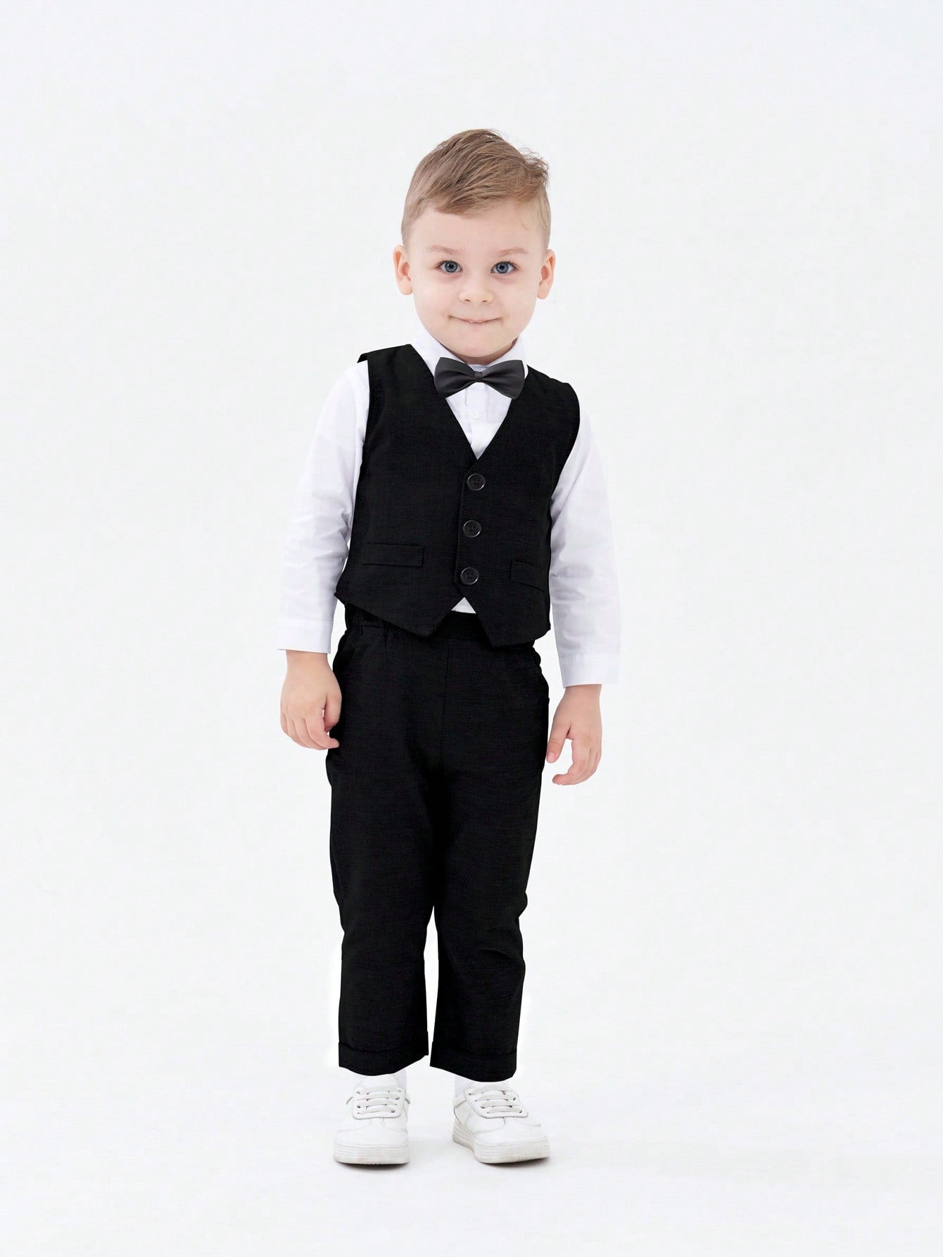 Young Boys' Three-Piece Gentleman Suit, Long Sleeve White Shirt With Bow Tie, Vest And Pants. Suitable For Birthday Parties, Evening Events, Weddings And Other Occasions.