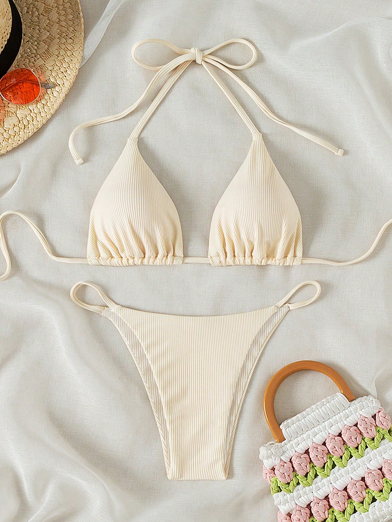 Summer Beach Ribbed Bikini Set Tie Back Halter Triangle Bra & Thong 2 Piece Bathing Suit