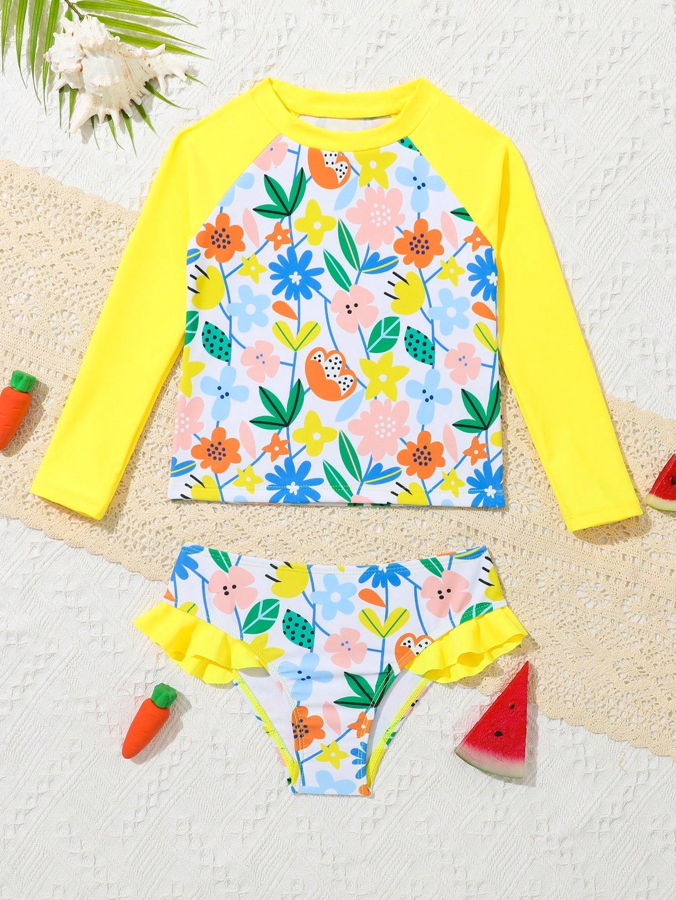 Young Girls Floral Printed Long Sleeve Bikini Set