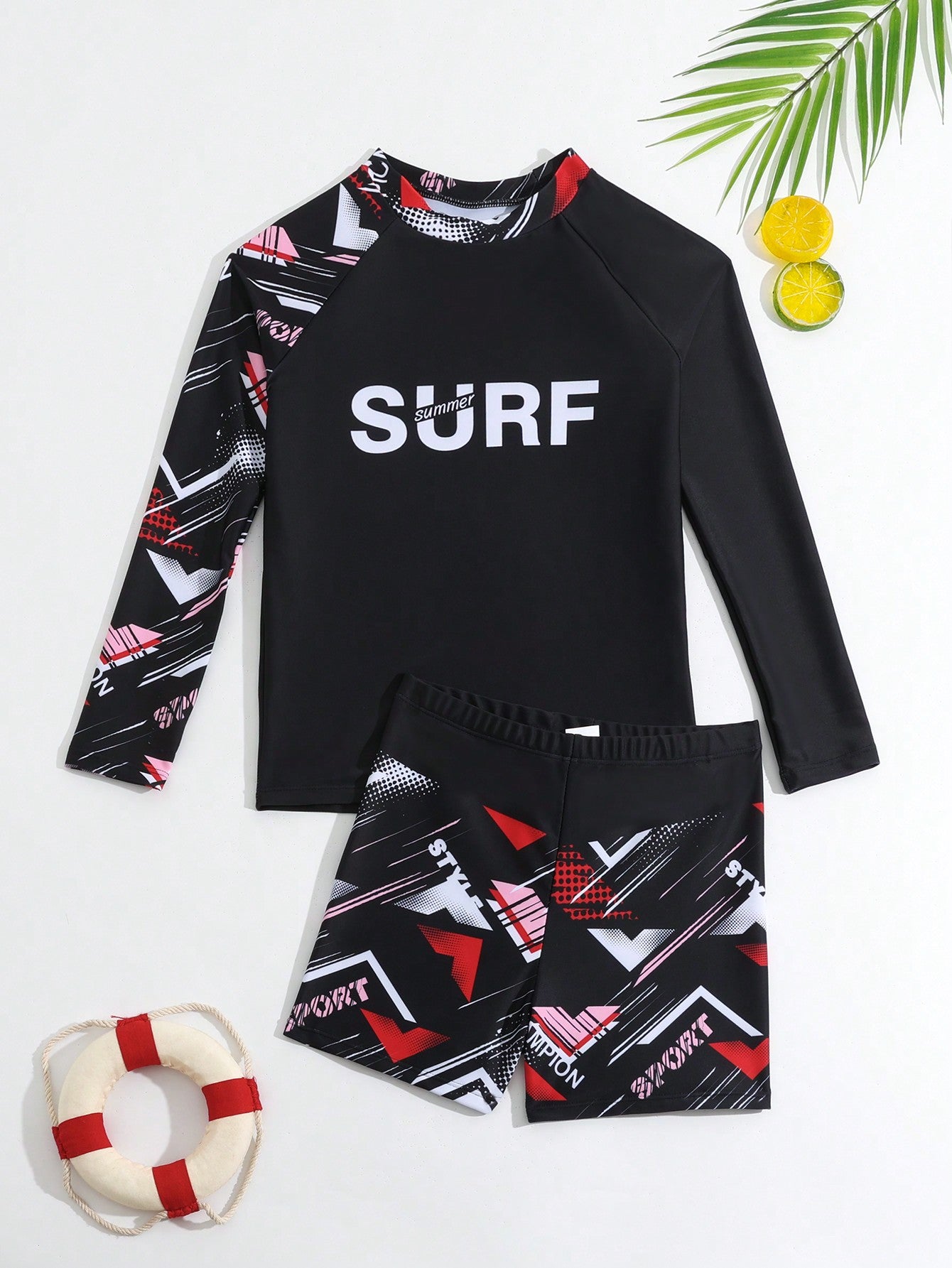 Tween Boy Letter Graphic High Neck Beach Swimsuit