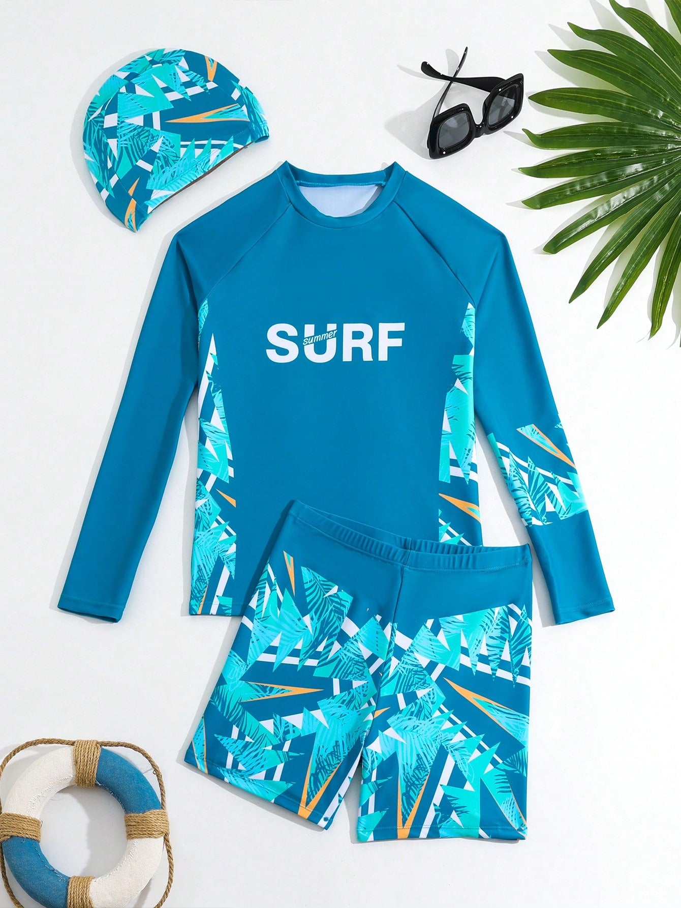 Tween Boy Street Style Cool Asymmetric Geometric Print Raglan Long Sleeve Swimsuit With Swimming Cap, For Summer, Beach, Swimming Pool