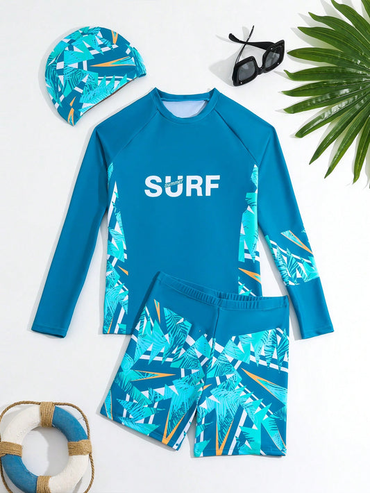 Tween Boy Street Style Cool Asymmetric Geometric Print Raglan Long Sleeve Swimsuit With Swimming Cap, For Summer, Beach, Swimming Pool