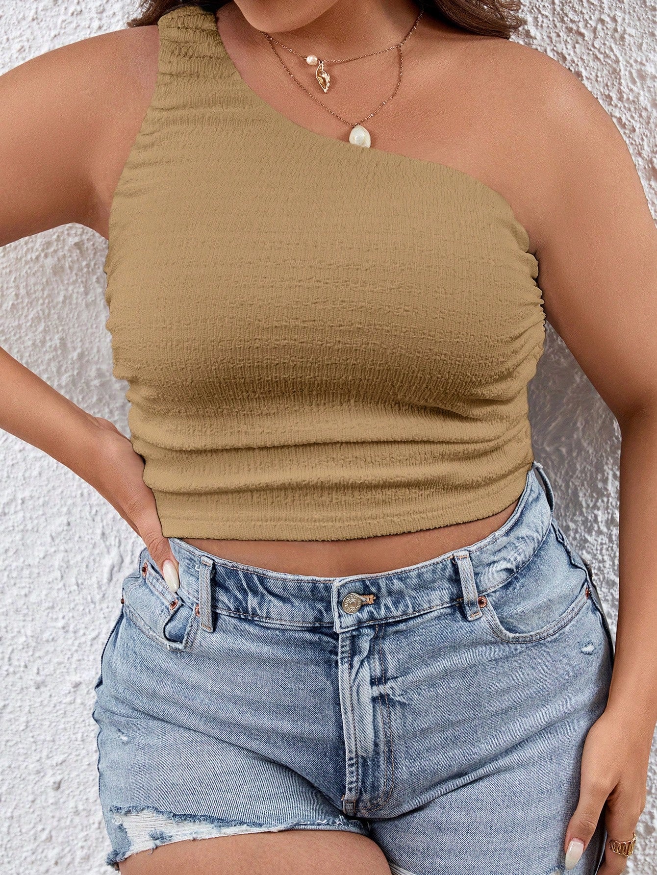 Plus Size Summer Casual Textured One Shoulder Top