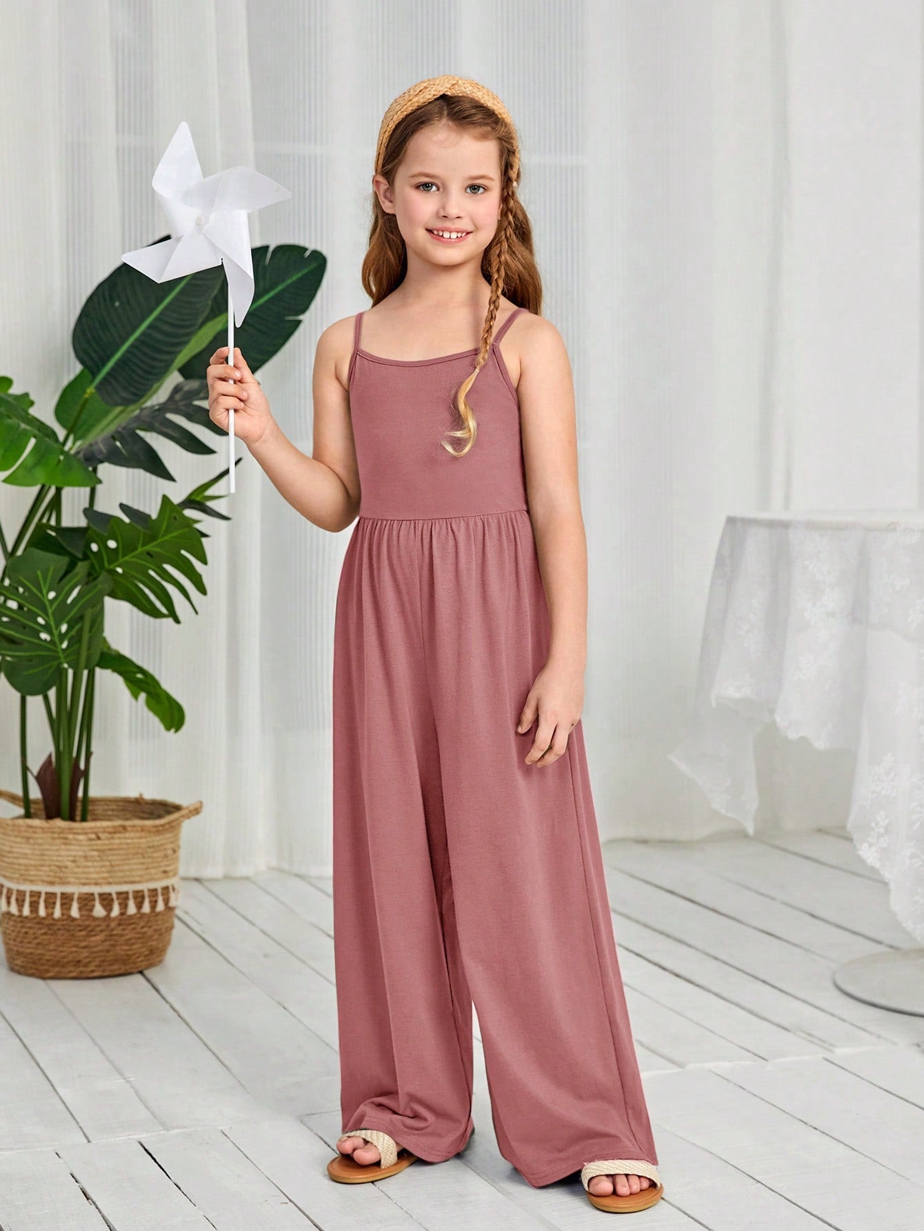 Solid Color Casual Cami Jumpsuit For Tween Girls, Wide-Leg Sleeveless Jumpsuit