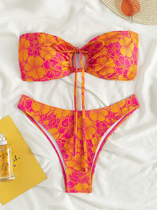 Swim Flower Print Strapless Bikini Set, Summer Beach