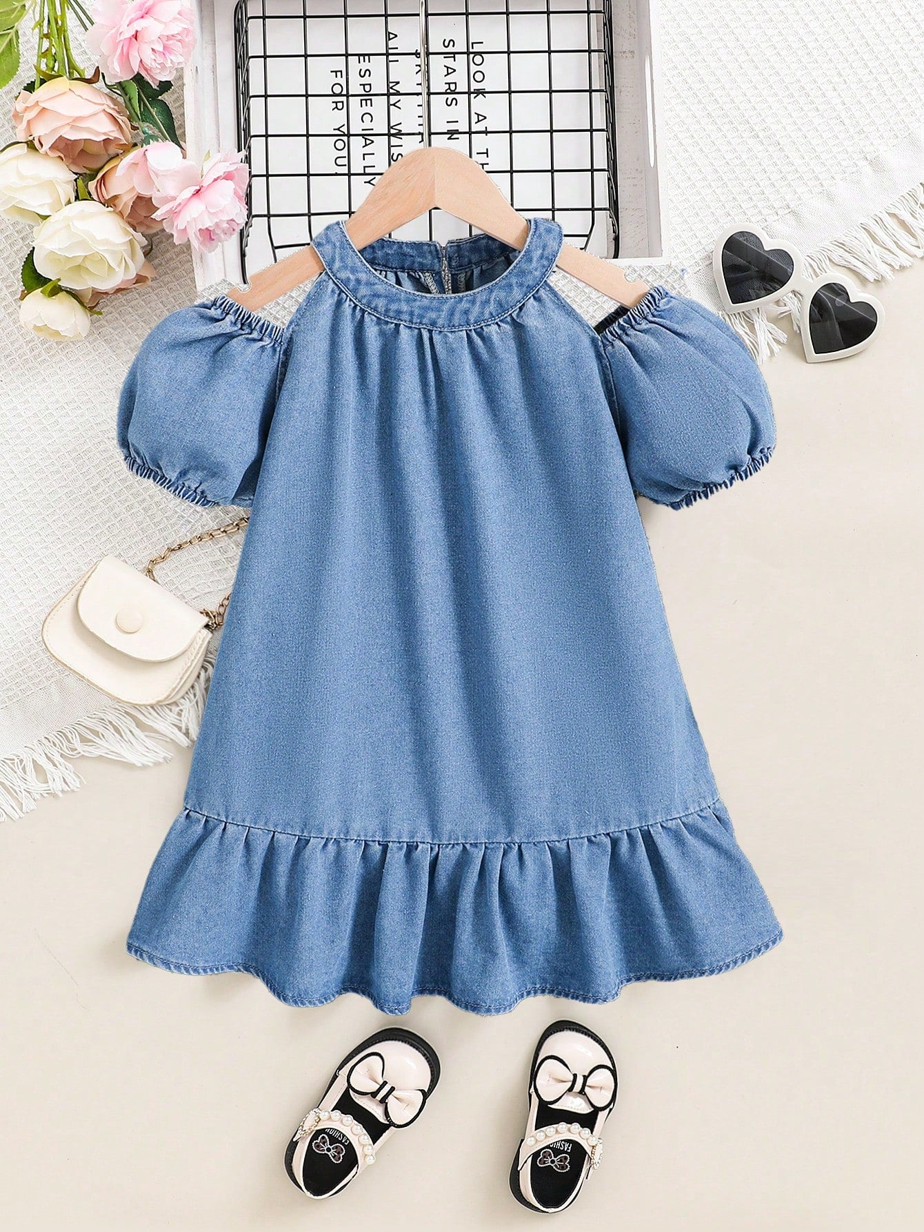 Young Girl Spring Summer Boho Cute Cold Shoulder Puff Sleeve Denim Dress