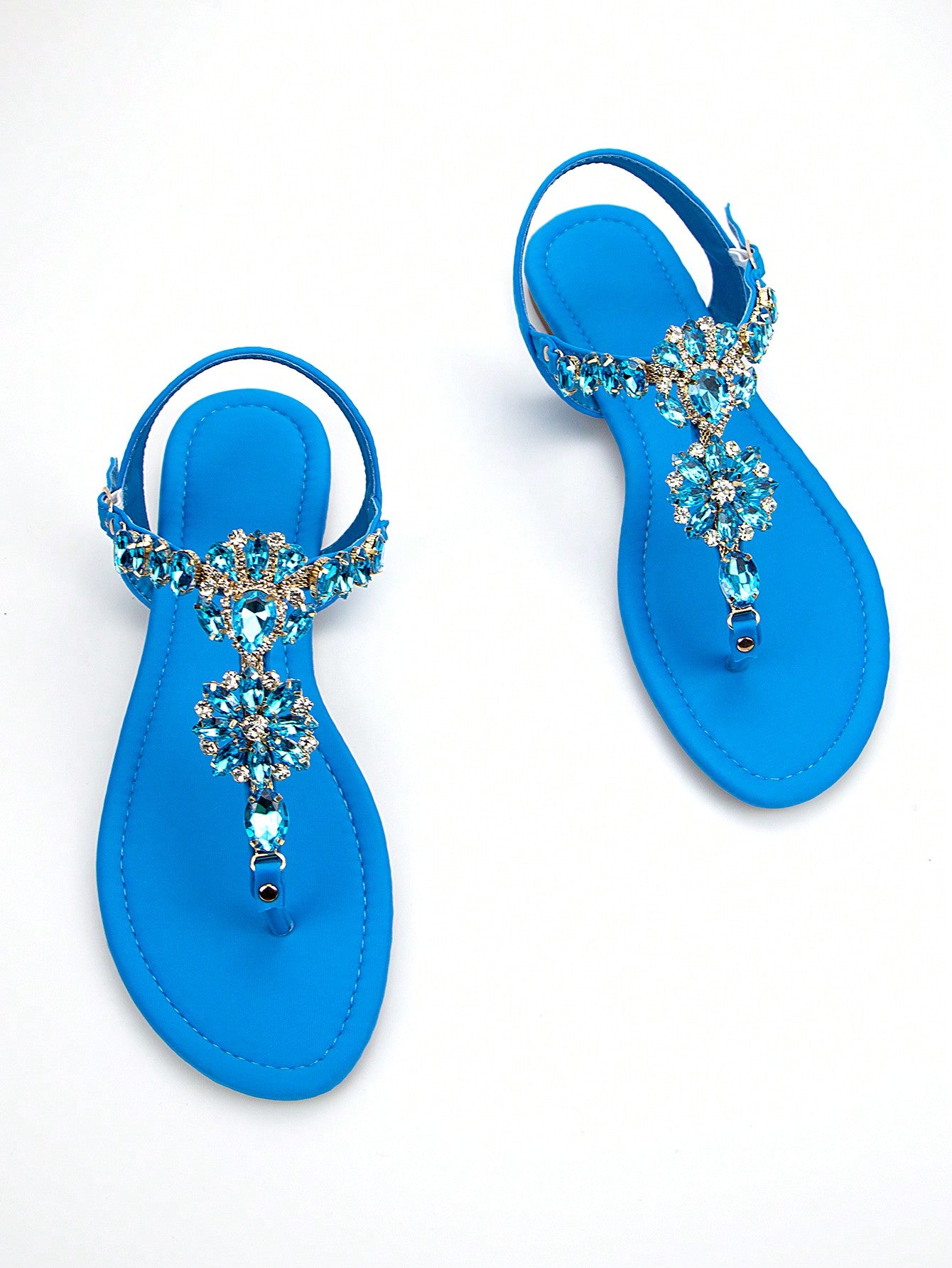 Women Rhinestone Decor Ankle Strap Thong Sandals, Glamorous Summer Flat Sandals