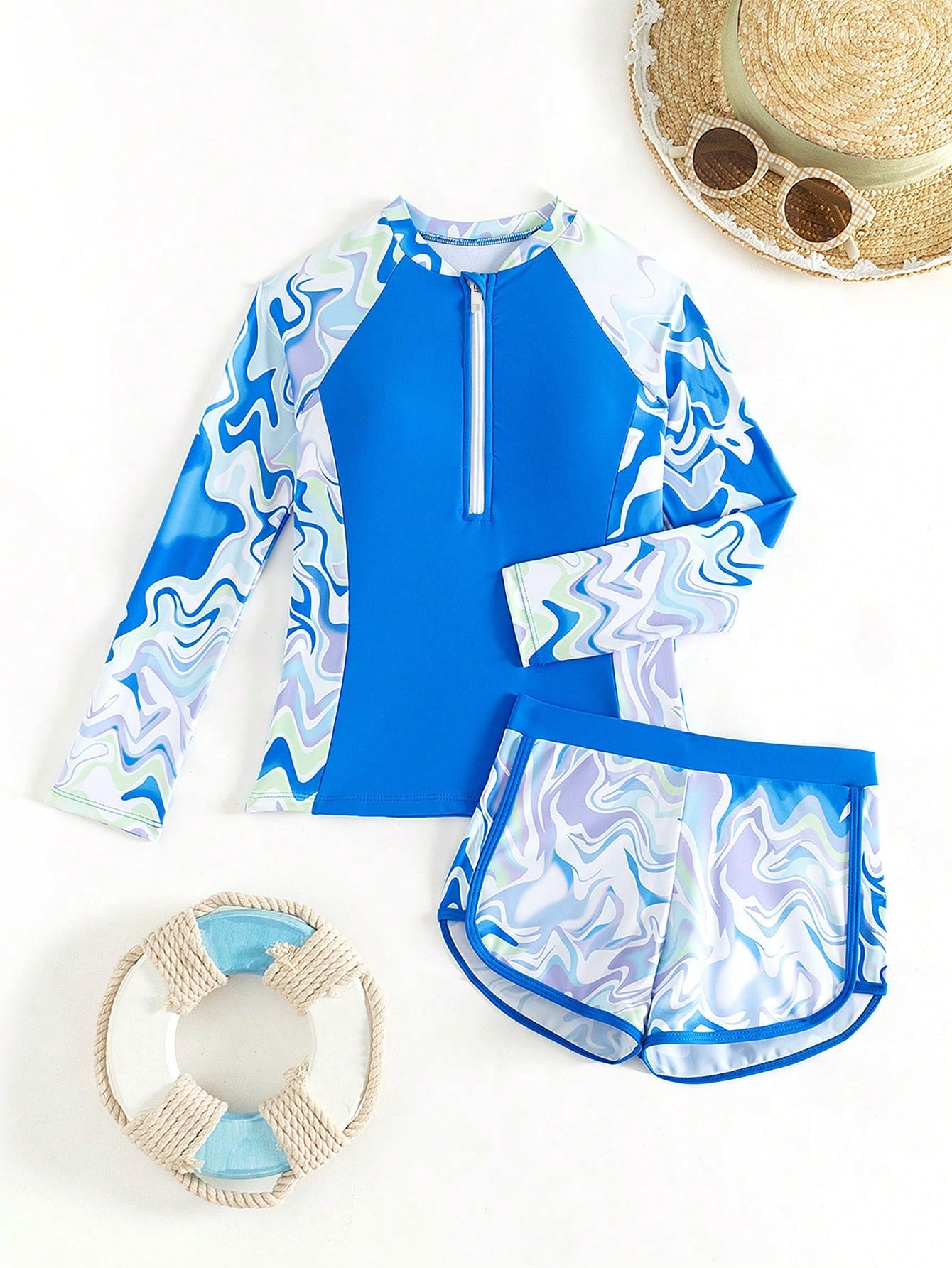 Tween Girl Marble Print Zipper Front Rashguard Summer Beach