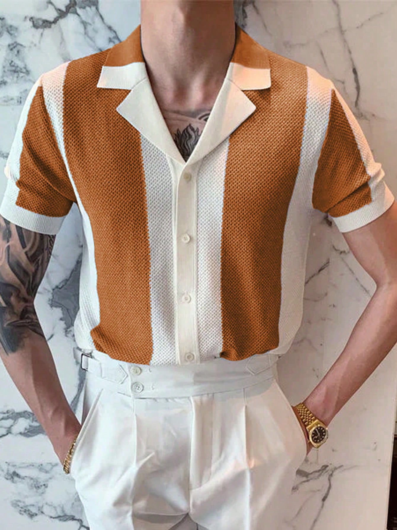 Men's Color Blocking Striped Polo Short Sleeve Knitted Crochet Top