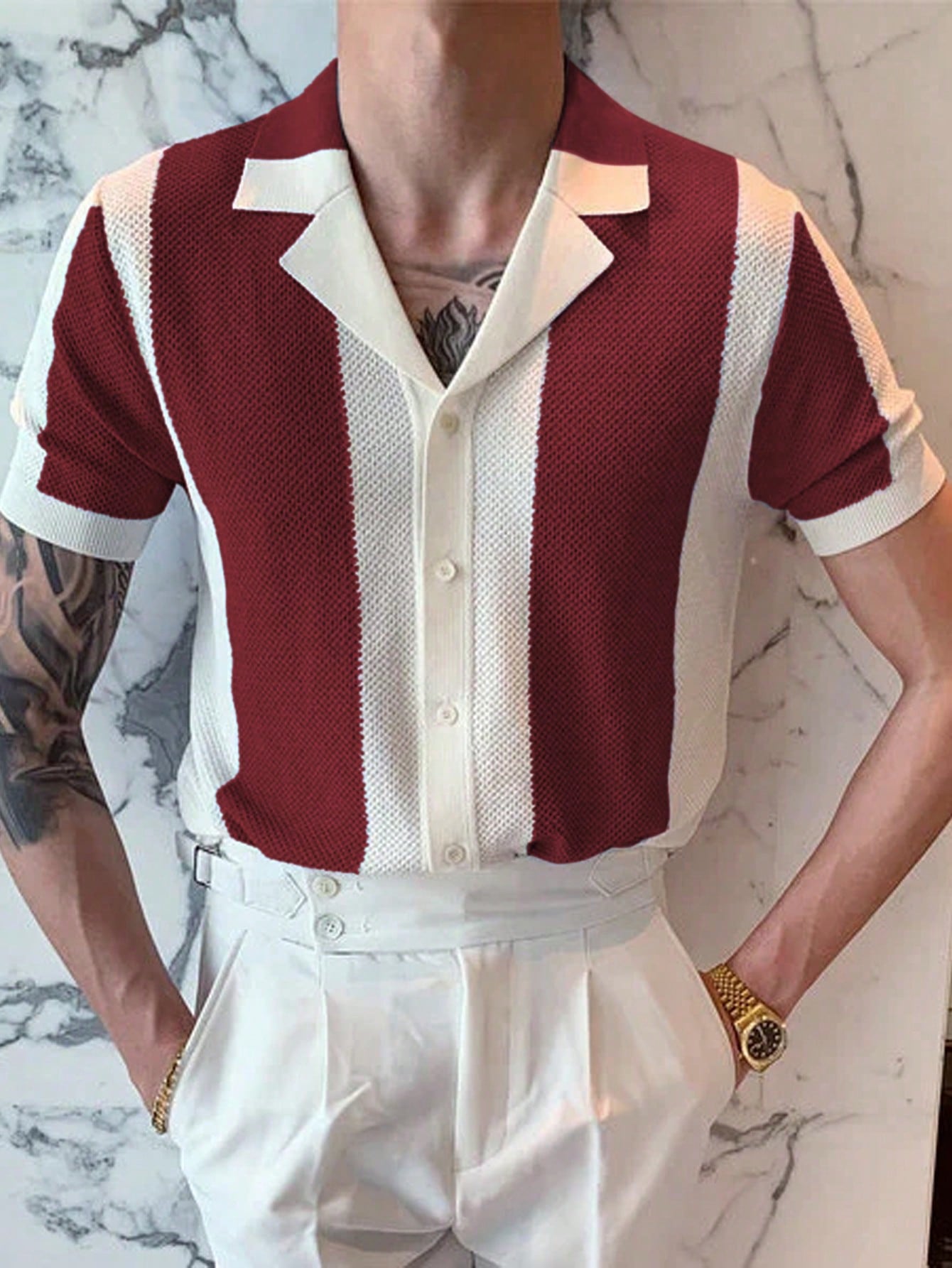 Men's Color Blocking Striped Polo Short Sleeve Knitted Crochet Top