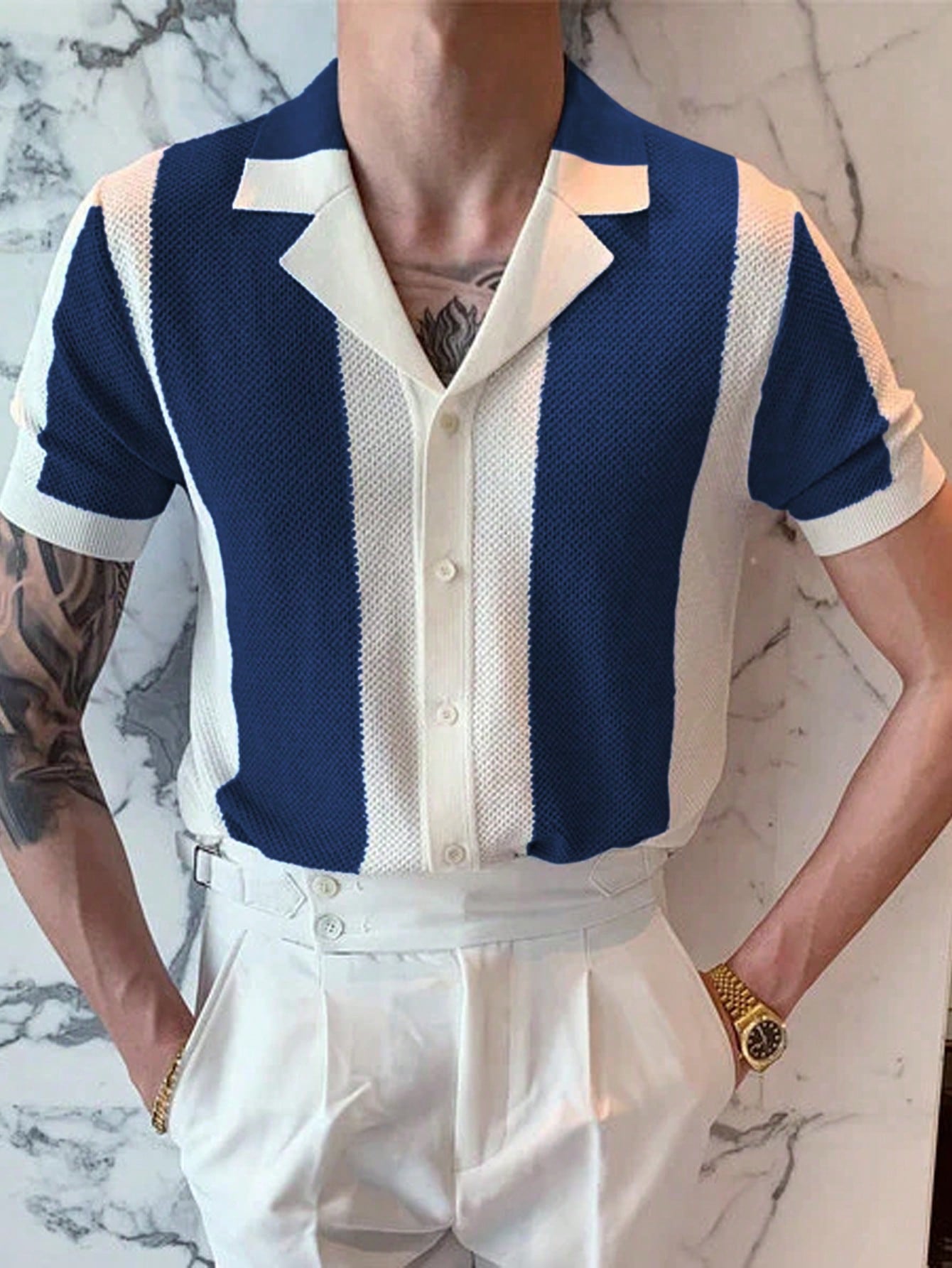 Men's Color Blocking Striped Polo Short Sleeve Knitted Crochet Top