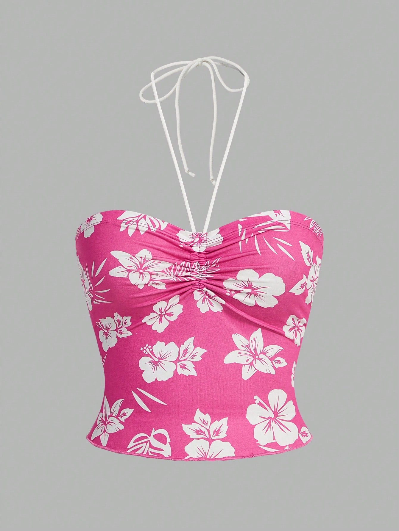 Floral Print Ruched Bust Lettuce Trim Halter Summer Top