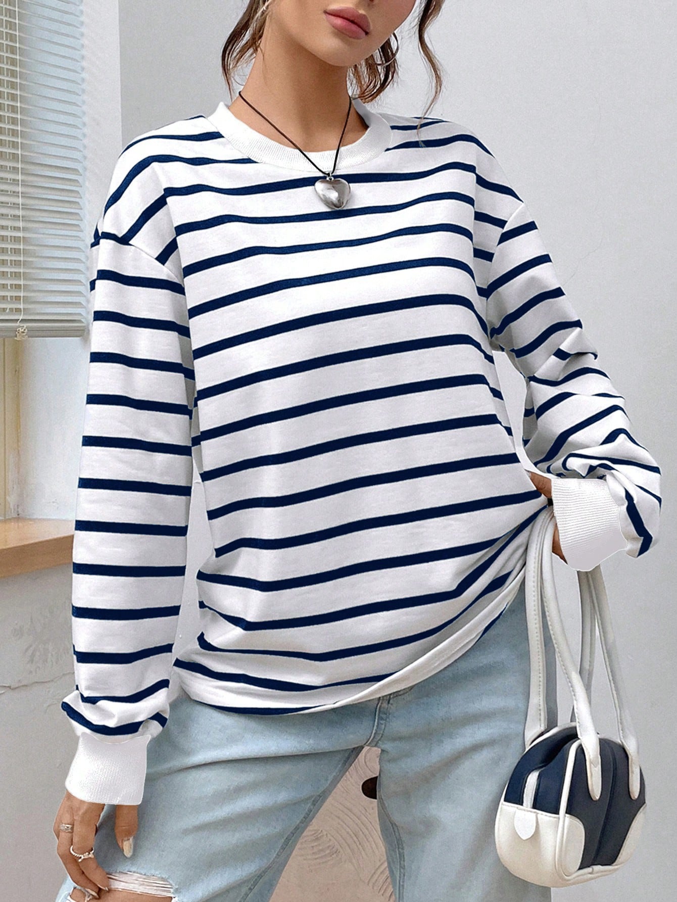 Spring White Striped Print Drop Shoulder Sweatshirt Hoodie