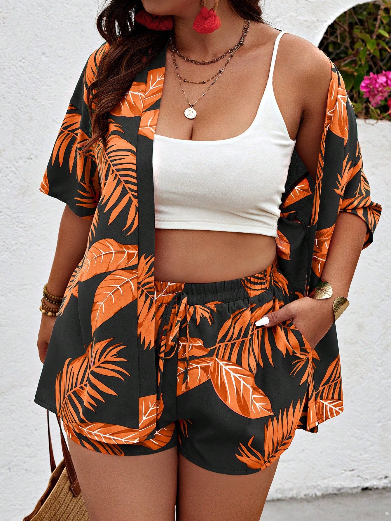 Plus Tropical Print Kimono & Shorts Without Cami Top