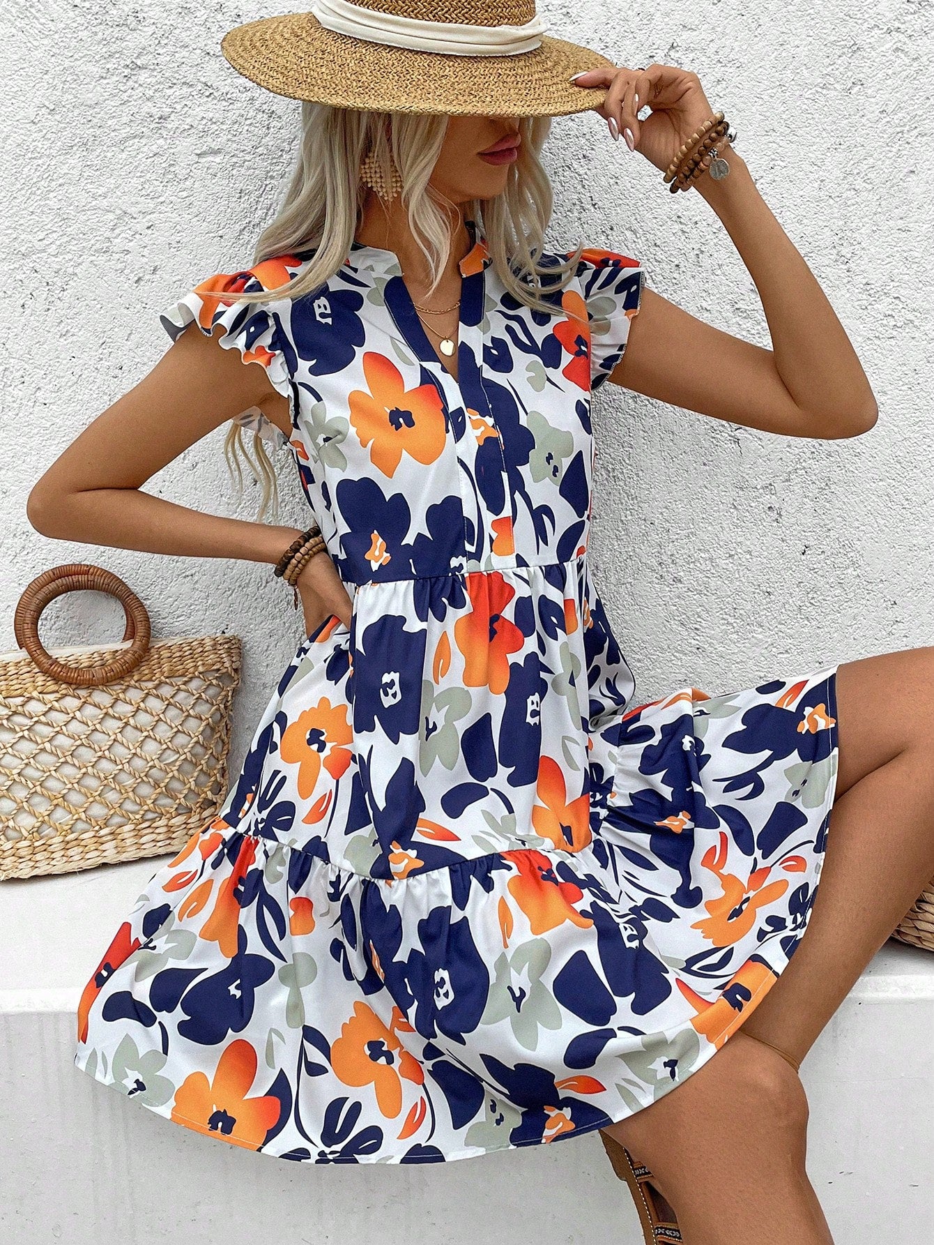 Floral Print Notched-Neck Mini Flutter Sleeve Dress