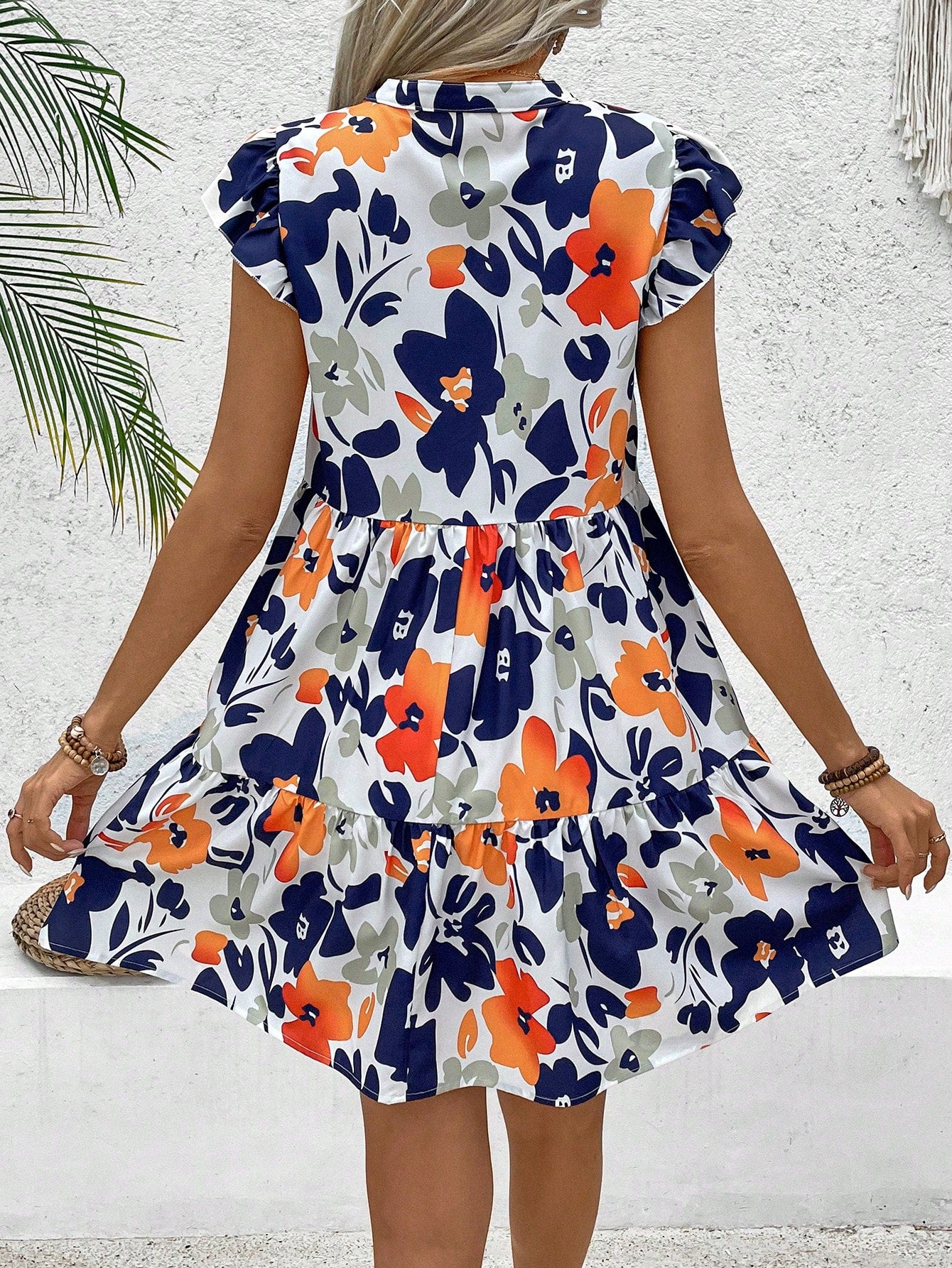 Floral Print Notched-Neck Mini Flutter Sleeve Dress