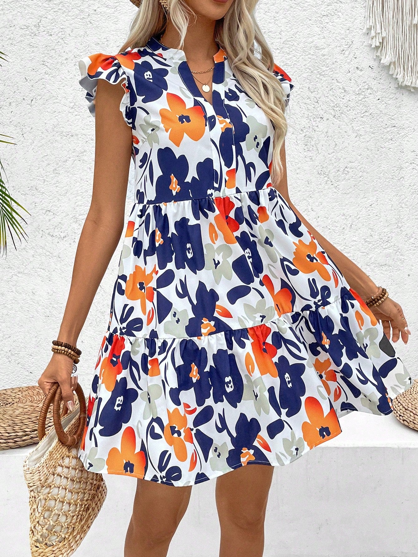 Floral Print Notched-Neck Mini Flutter Sleeve Dress