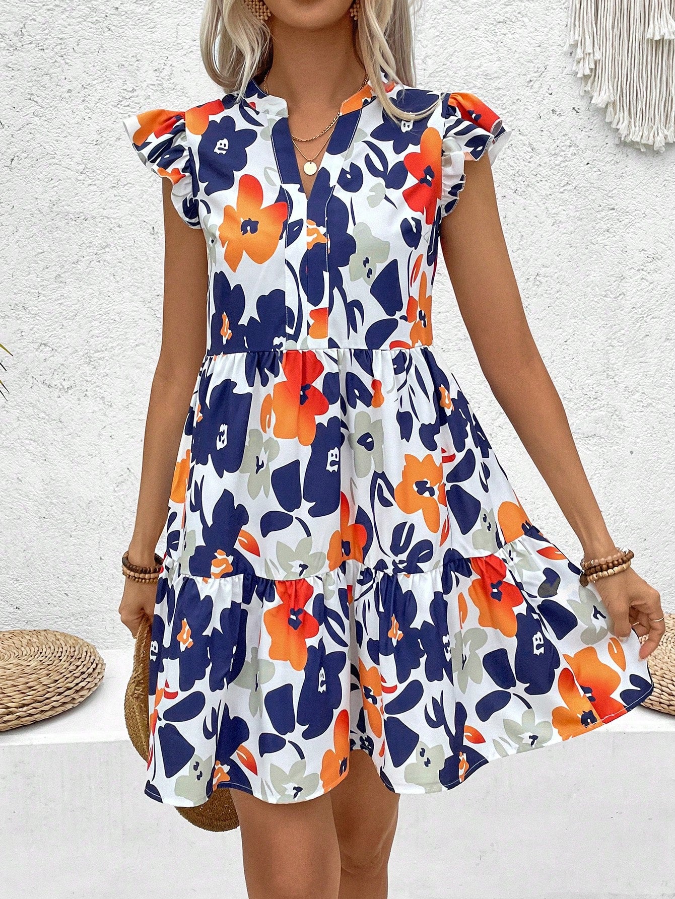 Floral Print Notched-Neck Mini Flutter Sleeve Dress