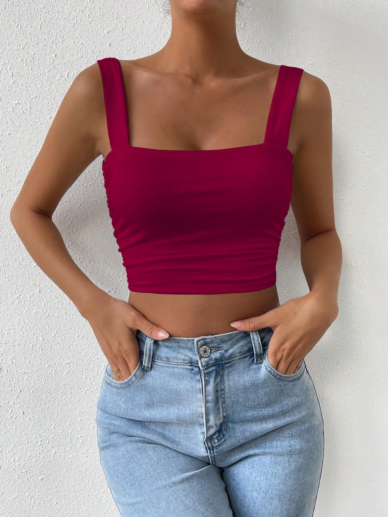 Solid Ruched Crop Cami Top