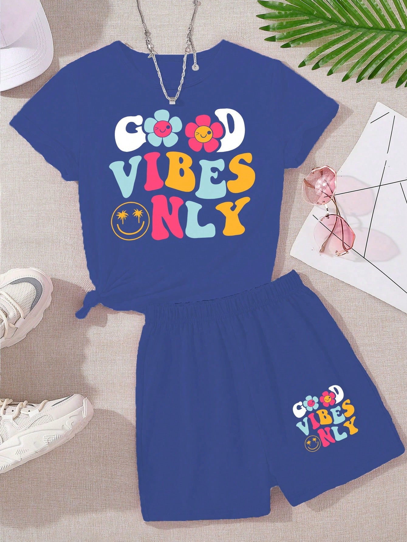 Teen Girls' Slogan & Printed Short Sleeve T-Shirt And Shorts Set