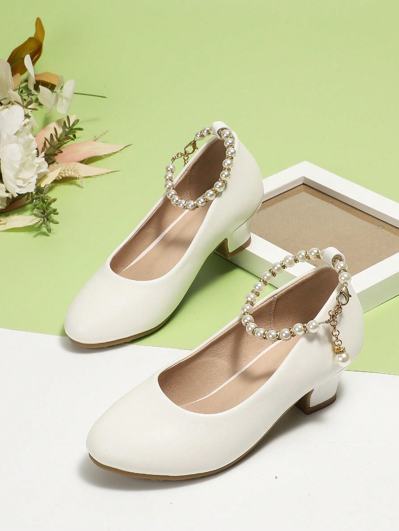 New Arrival Girls' Round Toe Party High Heels Princess Shoes With Plush & Rhinestone Decoration, Thick Heel